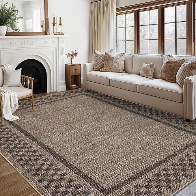 GarveeHome Machine Washable 5x7 Area Rugs Modern Bordered Living Room Rug Non Slip Checkered Geometric Bedroom Throw Carpet Soft Boho Rugs for Dining Room Nursery Home Office, Brown