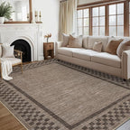 GarveeHome Area Rug 10x13 Living Room Rug Modern Bordered Soft Large Area Rugs for Bedroom Washable Checkered Dining Room Throw Carpet Non Slip Stain Resistant Geometric Rugs for Home Office, Brown