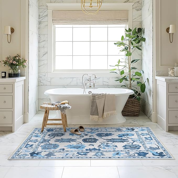 Fame Living Navy Blue Oushak Rug, Modern Small Rugs, Vintage, Turkish, Eclectic, Floral, Pastel, Washable, Door Mat, Doormat for Indoor Entrance, Entryway, Kitchen, Bathroom, Bedroom, Laundry, 2'x3'
