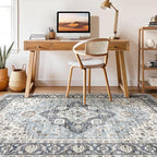 8x10 Area Rugs Living Room: Washable Boho Large Neutral Vintage Soft Rug Stain Resistant Farmhouse Non-Slip Indoor Floor Carpet for Bedroom Nursery Kids Office Dining Room Home House- Blue Tan