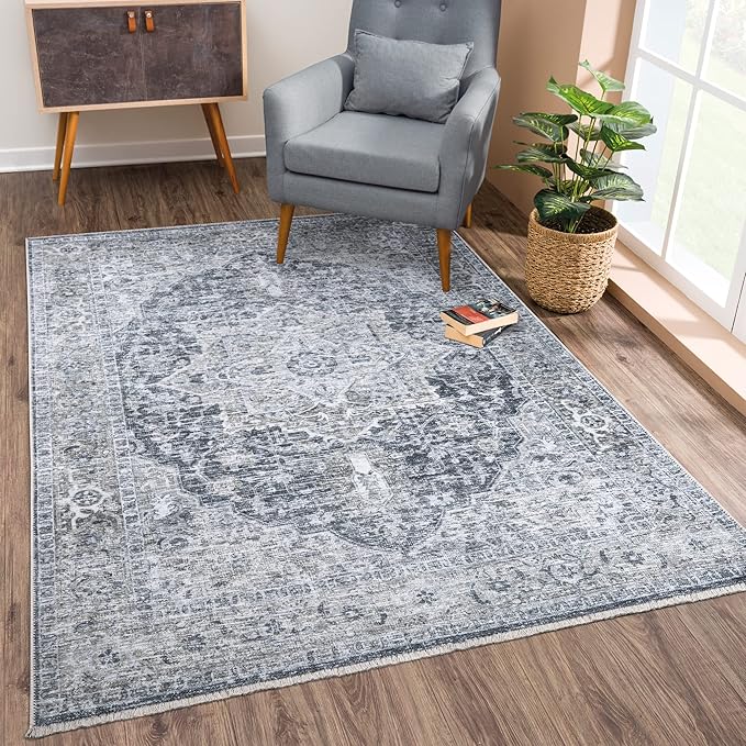 Bloom Rugs Caria Washable Non-Slip 4x6 Rug - Gray/Dark Blue Traditional Area Rug for Living Room, Bedroom, Dining Room, and Kitchen - Exact Size: 4' x 6'