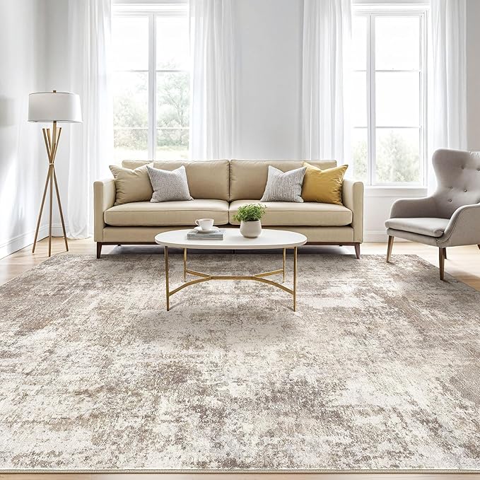 5x8 Area Rugs Living Room: Washable Large Abstract Soft Rug Stain Resistant Indoor Floor Non-Slip Accent Carpet for Women Modern Home Enthusiasts Aged 25-45 - Bedroom Nursery Playroom- Beige Brown