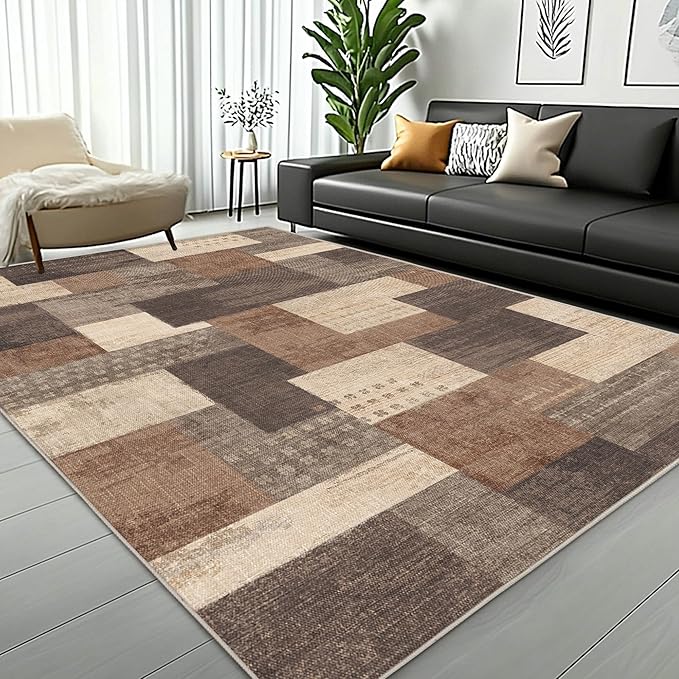 Modern Geometric Patchwork Indoor Area Rug for Living Room, Beige 9'x 12' Large Rug Rockwood Collection Hardwood Floors Decor for Bedroom, Beige Throw Carpet for Office Entryway Dining Room
