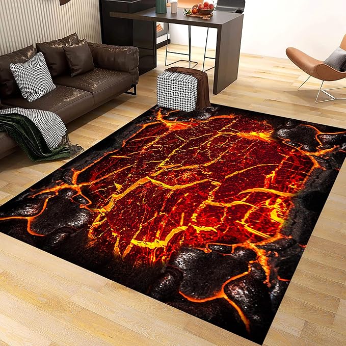Visual Illusion Lava Area Rug, 5x7ft, 3D Red Flame Volcanic Rock Carpet for Living Room, Fade Resistant Absorbent Floor Mat, No Crease Foldable Soft Low Pile Rugs for Bedside Hallway