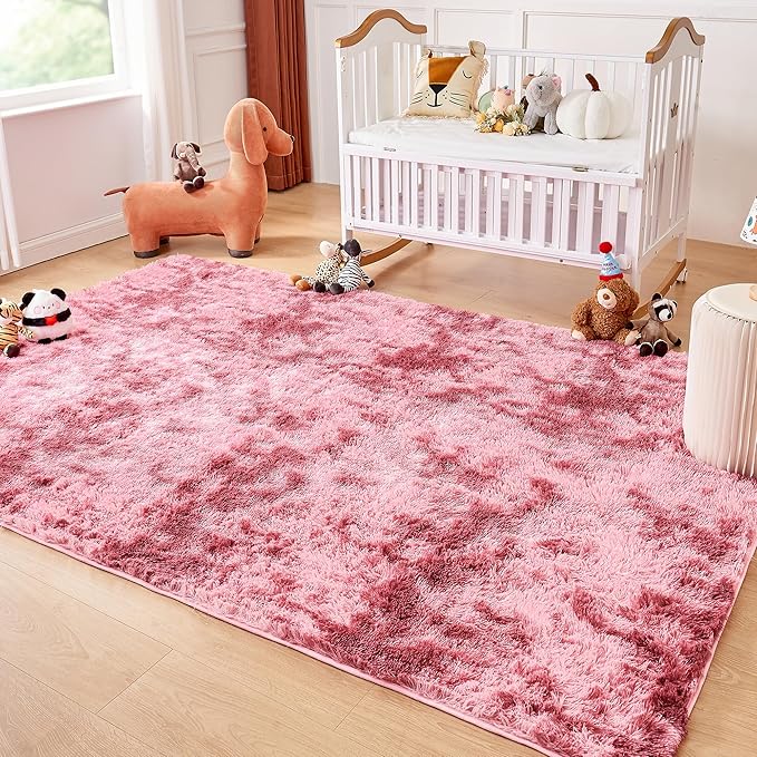 Andency 6x9 Area Rugs, Large Shag Fluffy Soft Shaggy Rugs for Living Room Bedroom, Non-Slip Tie-Dyed Dark Red Thick Plush Carpet for Kids Girls and Boys, Dorm Nursery Home Decor Aesthetic
