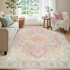 Kokia 5x7 Washable Area Rugs Pink Orange with Vintage Orient Design, Soft Rug for Living Room or Bedroom, Non-Slip Low Pile Stain Resistance Features, Distressed Medallion Pattern