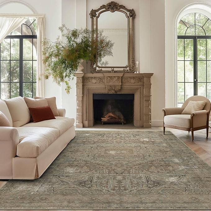 vivorug 4x6 Rug, Small Area Rug for Living Room, Bedroom, Kitchen, Machine Washable Non-Slip Throw Rug, Vintage Carpet for Entryway Nursery Coffee Table - Durable (Olive)