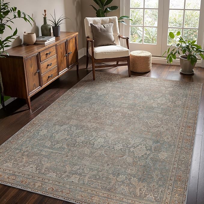 6x9 Area Rug Machine Washable Boho Rug for Living Room,Ultra-Thin Low Pile Carpet,Lightweight Indoor Printed Rug,Non Slip Floral Area Rug for Bedroom, Dining Room, Home Office,Grayish Blue