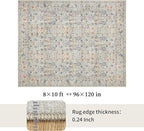 Washable Living Room Rug: 8x10 Boho Floral Soft Area Rug for Bedroom Decor - Vintage Low Pile Thin Carpet for Dining Room Non-Slip - Farmhouse Stain Resistant Rugs - Beige Blue