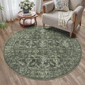 4ft Round Washable Area Rugs for Living Room, Vintage Boho Large Rug for Bedroom Dining Room Office, Distressed Floral Print Carpet for Under Table, Soft Non Slip Low Pile Throw Indoor Mat, Green