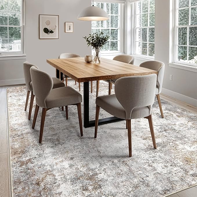 5x7 Area Rug Living Room Rugs - Washable Neutral Modern Abstract Soft Thin Large Rug Indoor Floor No Slip Rug Carpet for Bedroom Under Dining Table Home Office Decor - Brown Grey