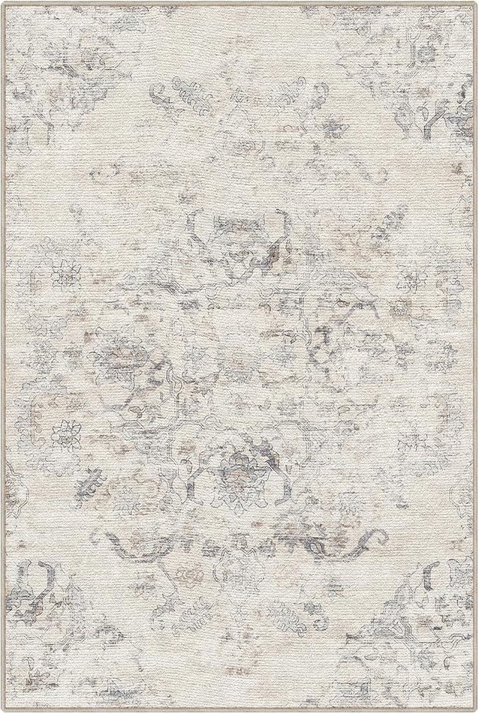 LUMI 8x12 Washable Area Rug for Living Room, Ultra Soft Vintage Rugs with TPE Non Slip Backing, Stain Resistant, Low Profile Carpet High Traffic for Bedroom, Dining Room