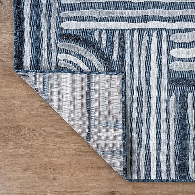 CAMILSON Indoor Outdoor Rug, Navy Blue 6x9 Geometric Arch Striped Area Rugs for Patio and Home Areas, Easy-Cleaning Non-Shedding Living Room, Garden and Deck Washable Outside Carpet (6 x 9)