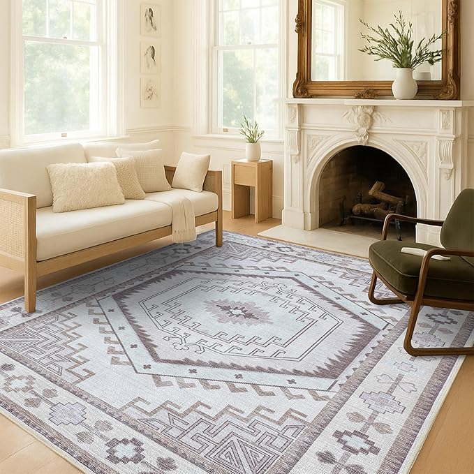 Fame Living Washable Area Rug. Modern Farmhouse. Vintage. Turkish. Bohemian. Distressed. Oriental. Traditional. Rugs for Living Room. Dining. Bedroom. Office. Entryway. Foyer. (856BrC, 9'5" x 14')