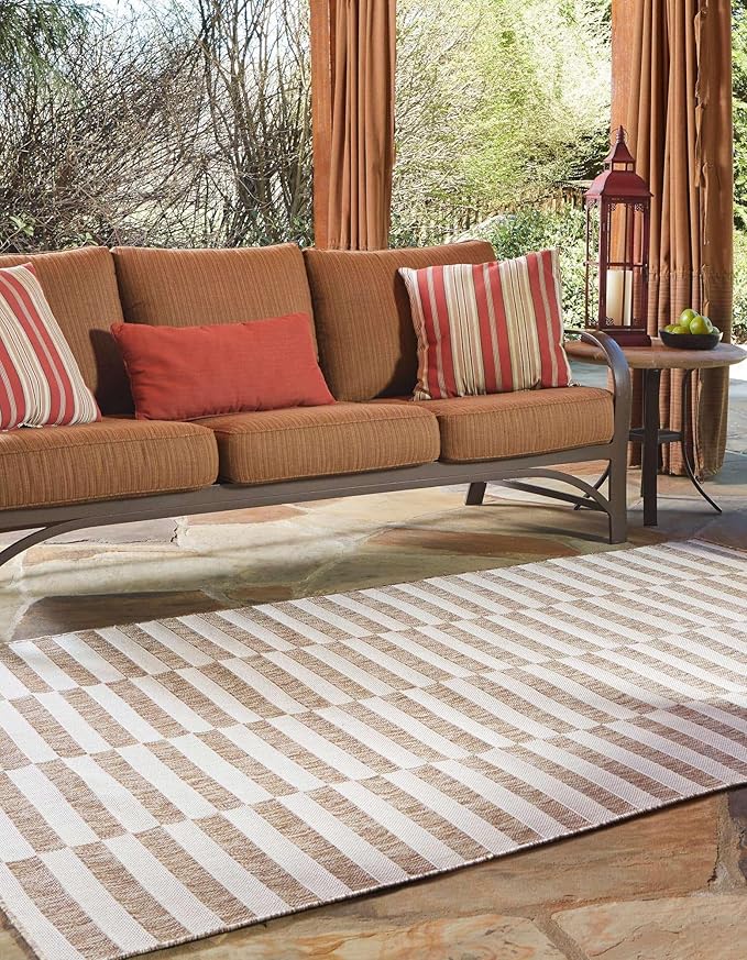 Unique Loom Outdoor Striped Collection Area Rug - Striped (5' x 7' Rectangle Taupe/Ivory)