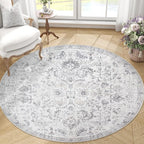 jinchan Kalen Round Rug 5ft Area Rug Washable Vintage Indoor Retro Entryway Floor Cover Distressed Gray Floral 5' Round Circle Boho Non Slip Thin Carpet for Bedroom Living Room Dining Room Grey
