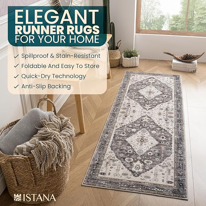 Istana Hallway Runner Rug 2x8 – Dark Grey Blue/Rose Mauve Entryway Rug -Silk's Soft Touch Runners for Hallways - Stylish Kitchen Runner Rug Non Slip