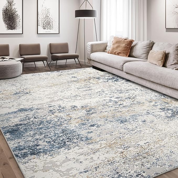 Area Rug Living Room Rugs - 12x15 Washable Large Soft Indoor Neutral Modern Abstract Low Pile Rug Carpet for Bedroom Dining Room Farmhouse Home Office - Beige Blue