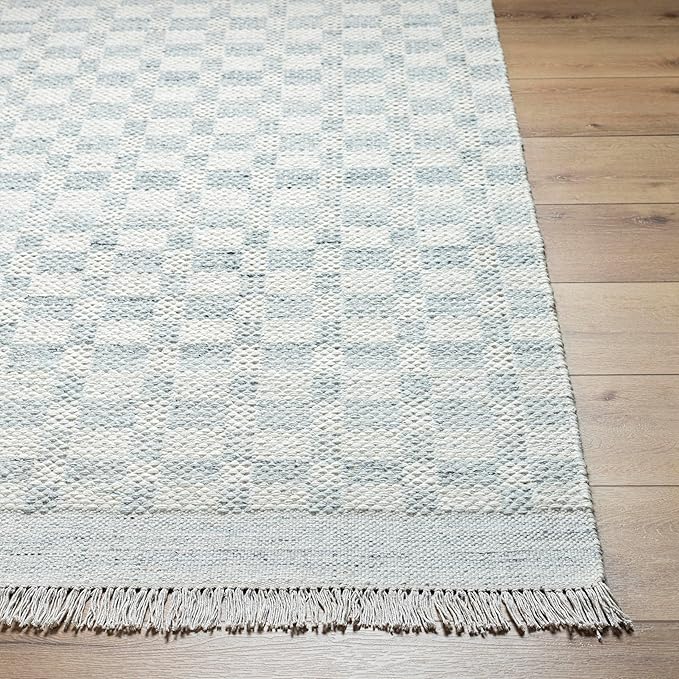 Mark&Day Wool Rugs, 2x8 Clinten Solid and Border Light Slate Runner Checkered Rug, Cream Grey Carpet for Hallway, Kitchen, Bedroom or Living Room (2'6" x 8' Runner)