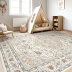 6x9 Area Rugs Living Room: Washable Boho Large Neutral Vintage Soft Rug Stain Resistant Farmhouse Non Slip Indoor Floor Carpet for Bedroom Nursery Kids Playroom Office Dining Room- Cream Blue