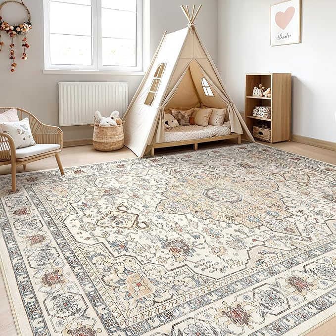 10x12 Area Rug Living Room: Washable Boho Large Neutral Vintage Soft Rugs Stain Resistant Farmhouse Non Slip Indoor Floor Carpet for Bedroom Nursery Kids Playroom Office Dining Room- Cream Blue
