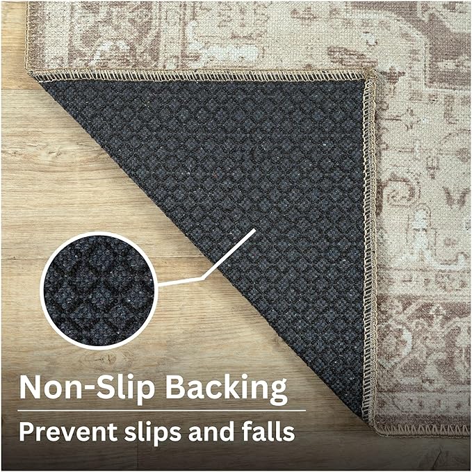 Bloom Rugs Washable Non-Slip 4' x 6' Rug - Light Brown Traditional Medallion Area Rug for Living Room, Bedroom, Dining Room, and Kitchen - Exact Size: 4' x 6'