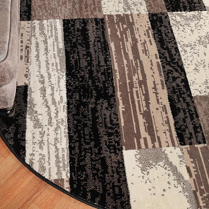 Superior Indoor Area Rug, Jute Backing, Plush Modern Rugs for Entryway, Kitchen Floors, Office Floor Cover, Color Block Rugs, Rockwood Collection, 8' Round, Chocolate