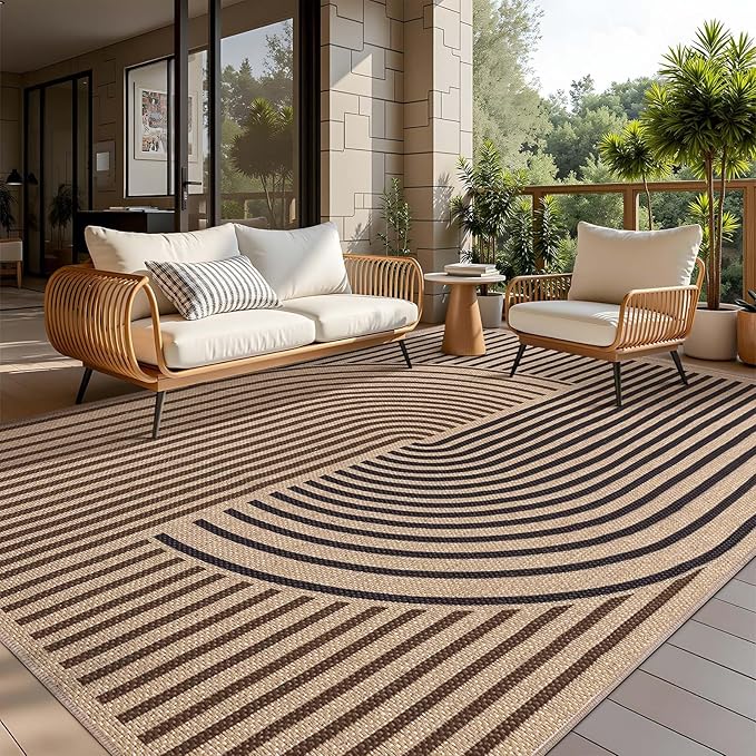 Tangsoo Rainbow Easy Jute Rug 5x7 Large Washable Area Rug for Dining Room Table,Non-Slip Thin Dark Brown Indoor Outdoor Rug,Modern Farmhouse Carpet for Living Room Bedroom Patio