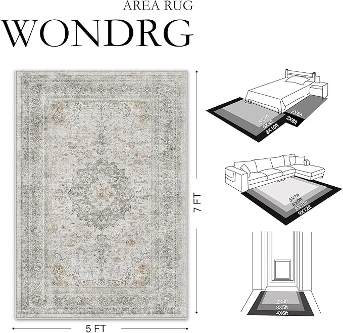 5x7 Washable Vintage Area Rug for Living Room Bedroom Soft Tranditional Non Slip Large Throw Rug Lightweight Floral Low Pile Distressed Carpet Laundry Dining Room Kitchen Office
