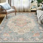 Area Rugs 8'x10' Washable Non-Slip, Floral Vintage Distress Print Pattern Medallion Carpet for Living Room Bedroom Dining Room, Blue Orange Red