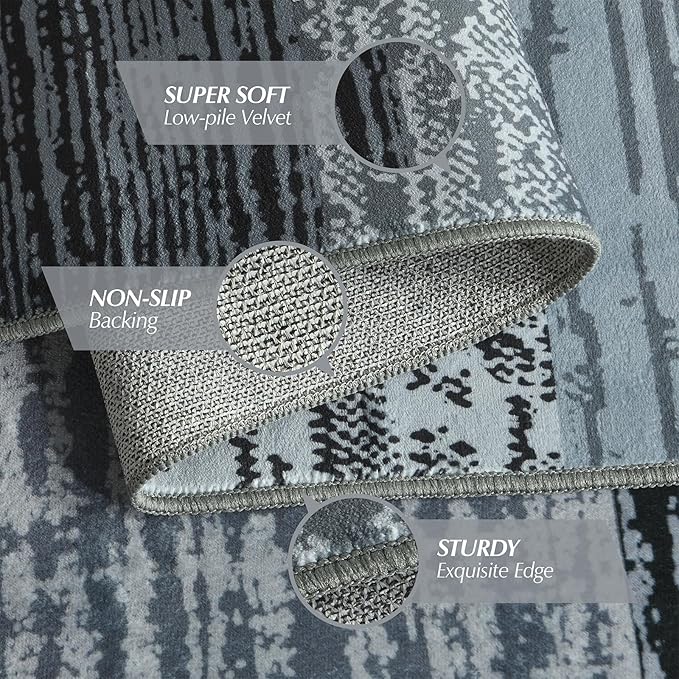 Indoor Runner Rug, Washable Runner Rug with Rubber Backing, Modern Geometric Patchwork Aesthetic Carpet for Bedroom, Living Room, Hallway, Entryway, Washable Rugs Rockwood Collection, 2.7x8 Ft Grey