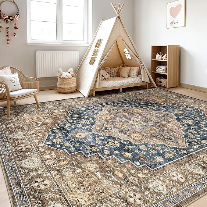 9x12 Area Rug Living Room: Washable Boho Large Neutral Vintage Soft Rugs Stain Resistant Farmhouse Non-Slip Indoor Floor Carpet for Bedroom Nursery Kids Office Dining Room Playroom- Yellow Blue