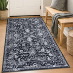 KILOCOCO Area Rug 3x5 Entryway Rug Washable Printed Vintage Floral Rubber Backed Non Slip Indoor Kitchen Rugs for Living Room Laundry Room Playroom Mudroom Moroccan Area Rugs, Black/Navy/White