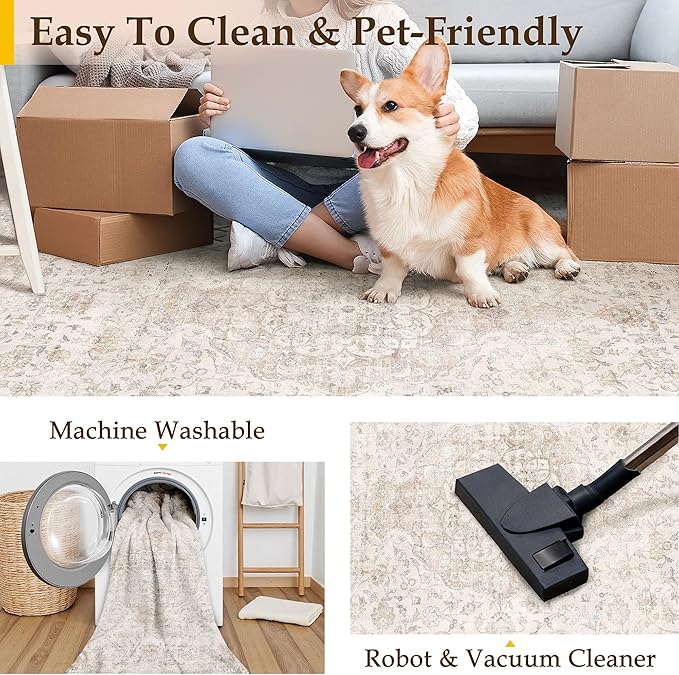 HUGEAR 2x6 Runner Rug Hallway Vintage Beige Machine Washable Neutral Floral Low Pile Carpet Vacuumable Thin Long Throw Rug Bedroom Office Bathroom Kitchen Laundry Non Slip Soft Lightweight