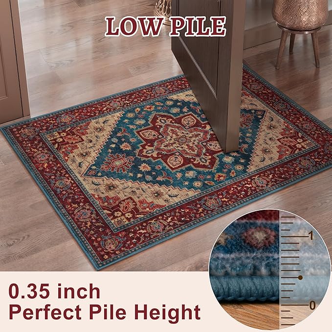 Tangsoo Vintage Small 2x3 Washable Rugs for Entryway Non-Slip Oriental Low Pile Rug for Front Door, Kitchen, Indoor, Accent Throw Small Area Rug, Door Mat for Entrance, Soft Boho Red Rug