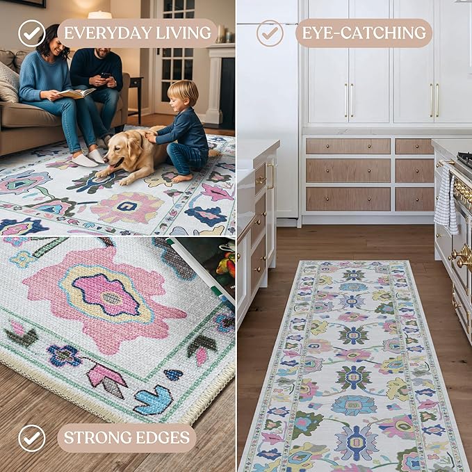 Fame Living Colorful Oushak Rug, Modern, Vintage, Turkish, Eclectic, Floral, Pastel, Washable, Large Area Rugs for Living Room, Dining, Bedroom, Girls, Boys, 7'5"x9'8"