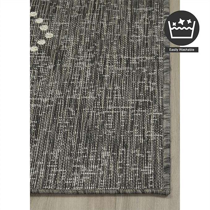 FH Home Flat Woven Outdoor Rug - Waterproof, Easy to Clean, Stain Resistant - Premium Polypropylene Yarn - Boho Moroccan - Large Patio, Deck, Sunroom - Ariana - Charcoal - 5ft 2in x 7ft 6in