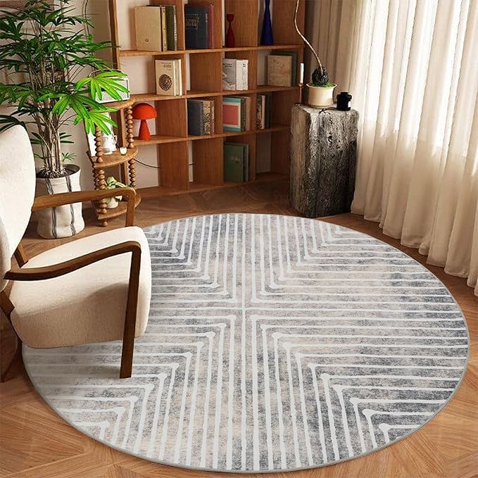 GLN Rugs Contemporary Collection - Machine Washable Area Rug, Contemporary Washable, Non Slip, Low Pile Chenille Rug, Living Room, Bedroom, Kitchen Rug (5'3" Round Lines Cream)
