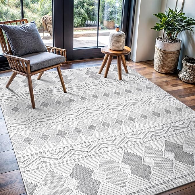 CAMILSON Micro Loop Rug 4x6 Modern Luxury Geometric Boho Diamond Area Rugs Soft High and Low Pile Stain Resistant Easy-Cleaning Non-Shedding for Living Room Office Indoor Carpet (4 x 6 / White - Gray)