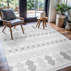 CAMILSON Micro Loop Rug 5x7 Modern Luxury Geometric Boho Diamond Area Rugs Soft High and Low Pile Stain Resistant Easy-Cleaning Non-Shedding for Living Room Office Indoor Carpet (5 x 7 / White - Gray)