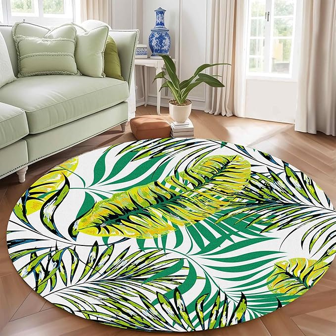 Tropical Round Rug 3.3ft, Watercolor Palm Leaves Pattern Low Pile Circle Carpet, Non-Slip Washable & Non-Shedding Indoor Mat for Bedroom, Entrance, Office Decor