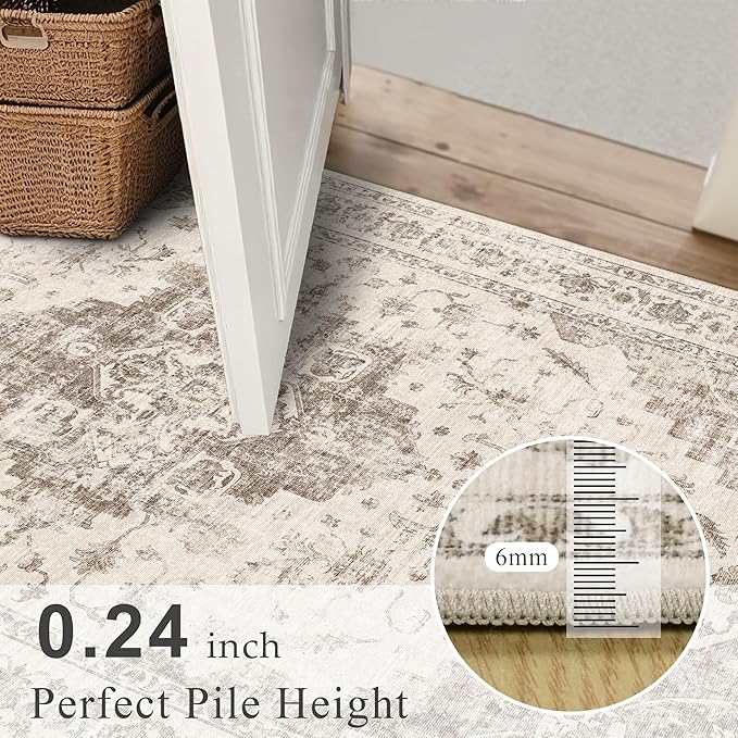 9x12 Vintage Washable Area Rugs Boho Medallion Large Distressed Retro Accent Carpet Floral Non-Slip Soft Low Pile Indoor Throw Rug for Living Room Bedroom Dining Room Office Kitchen, Taupe