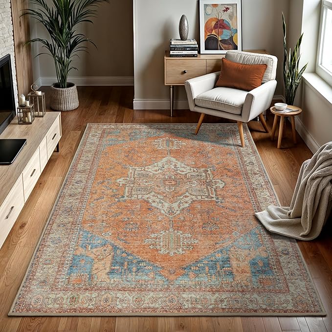 GLN Rugs Traditional Collection - Machine Washable Area Rug, Traditional Washable, Non Slip, Low Pile Chenille Rug, Living Room, Bedroom, Kitchen Rug (5' x 7' Terra/Multicolor)