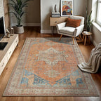 GLN Rugs Traditional Collection - Machine Washable Area Rug, Traditional Washable, Non Slip, Low Pile Chenille Rug, Living Room, Bedroom, Kitchen Rug (9' x 12' Terra/Multicolor)