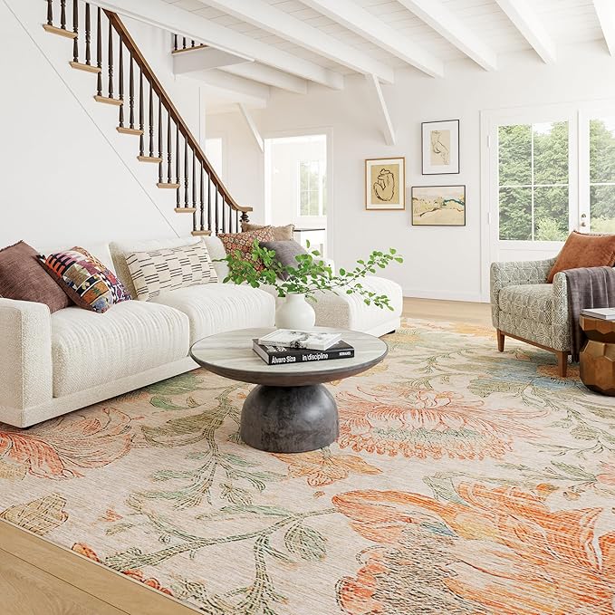 Dash & Albert Zell Multi Machine Washable Rug, 8.5 X 11.5 Feet, Multicolored/Tan Floral Pattern