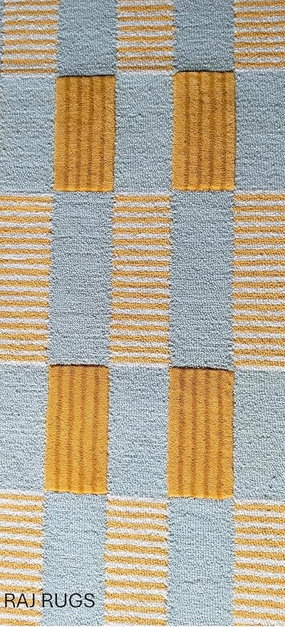 Handmade Woven Area Rug 5 x 8 ft with Scalloped Border, Cream and Mustard Checkered Pattern, Soft Decorative Rug for Living Room, Bedroom, Nursery