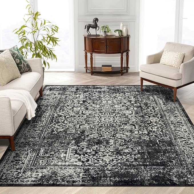 vivorug 6x9 Area Rugs, Stain Resistant Washable Rug for Living Room, Vintage-Inspired Black and White Rug