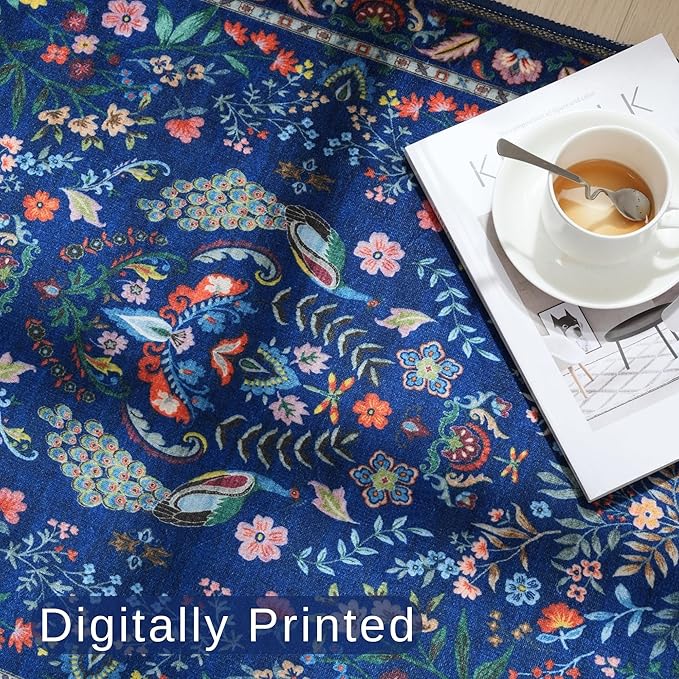 Rugcomf Area Rug 4x6 Rug Washable Rugs Floral Non Slip Low Pile Small Carpet for Bedroom, Bedside, Kids Room, Office, Dining Room(Blue)