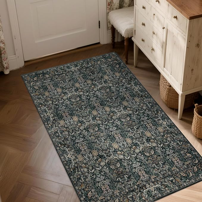 Washable Living Room Rug: 3x5 Boho Floral Soft Area Rug for Bedroom Decor - Vintage Low Pile Thin Carpet for Dining Room Non-Slip - Farmhouse Stain Resistant Rugs - Dark Green