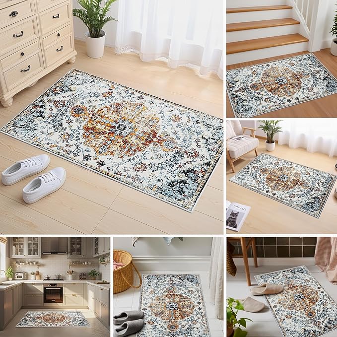 Small Area Rug 2x3ft Entryway Rug Non-Slip Vintage Washable Area Rugs Indoor Door Mat, Boho Faux Wool Carpet Kitchen Rugs with Rubber Backing for Bedroom, Kitchen, Room Entryway
